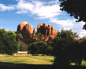 "Cathedral Rock from Red Rock Crossing, Sedona, AZ" 35mm color photograph.  Roy Al Rendahl